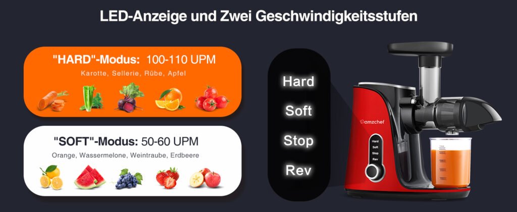 AMZCHEF hard und soft mode mit überblick auf gemüse und obst